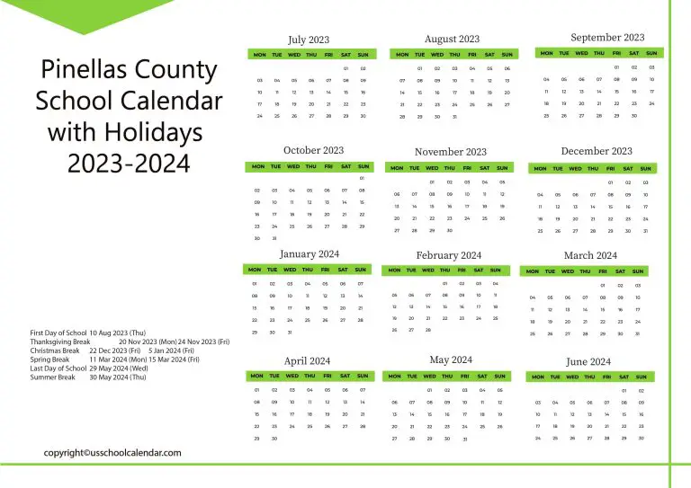 Pinellas County School Calendar with Holidays 2023 2024