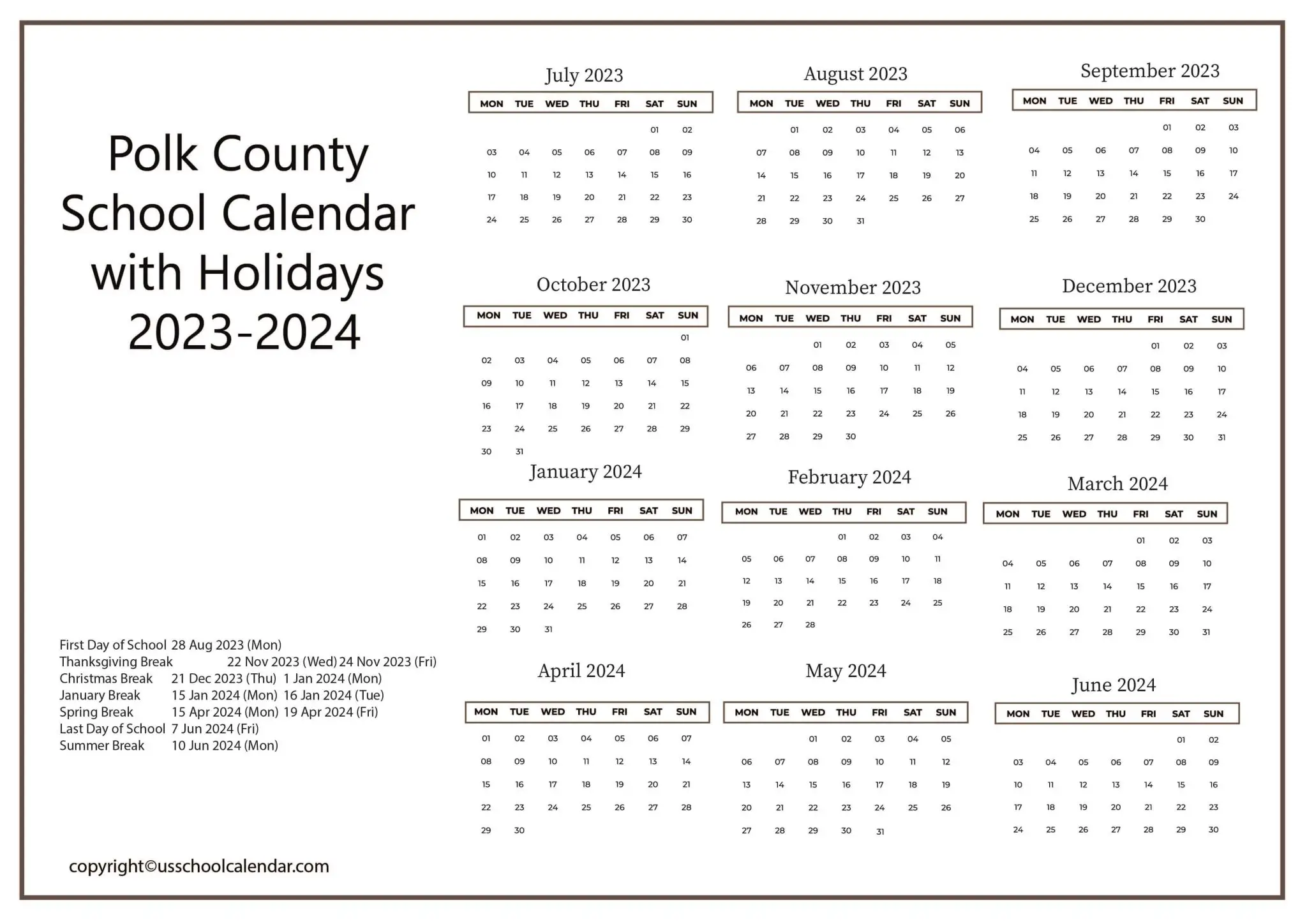 Polk County School Calendar with Holidays 20232024