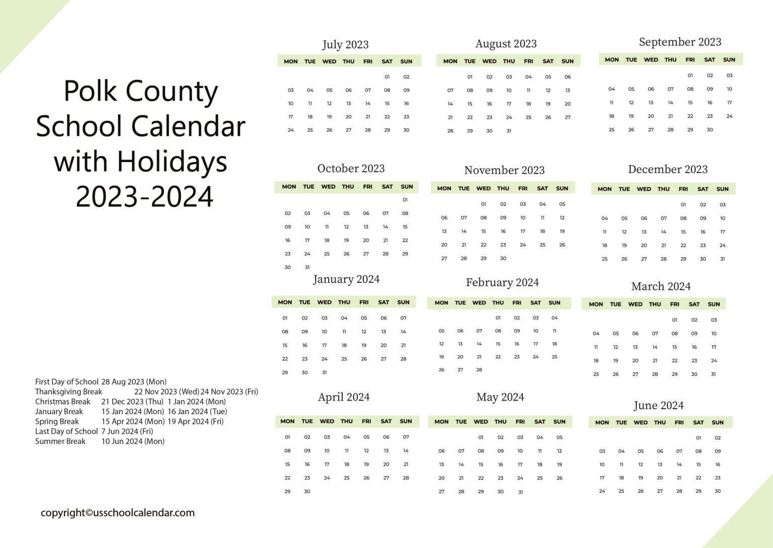 Polk County School Calendar with Holidays 20232024