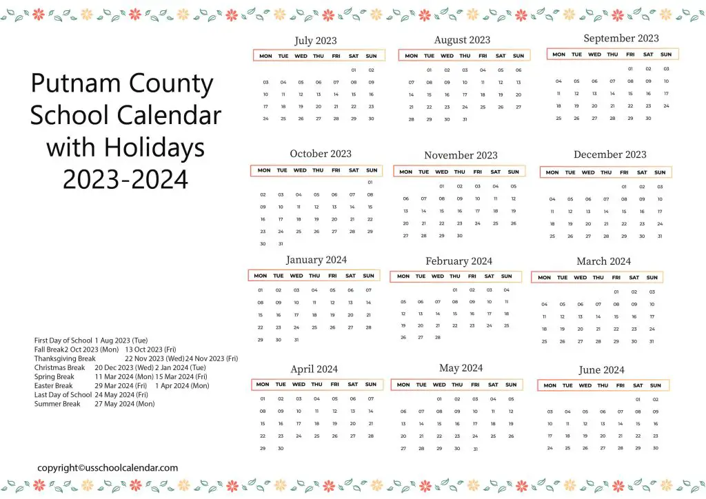 Putnam County School Calendar