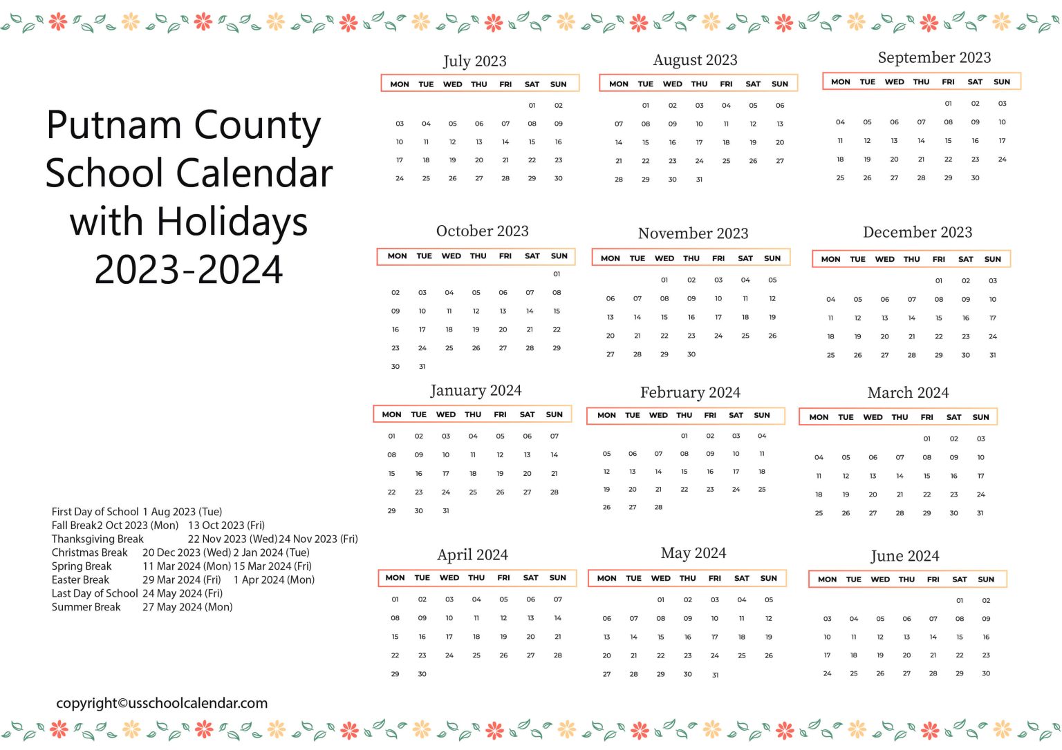 Putnam County School Calendar with Holidays 20232024