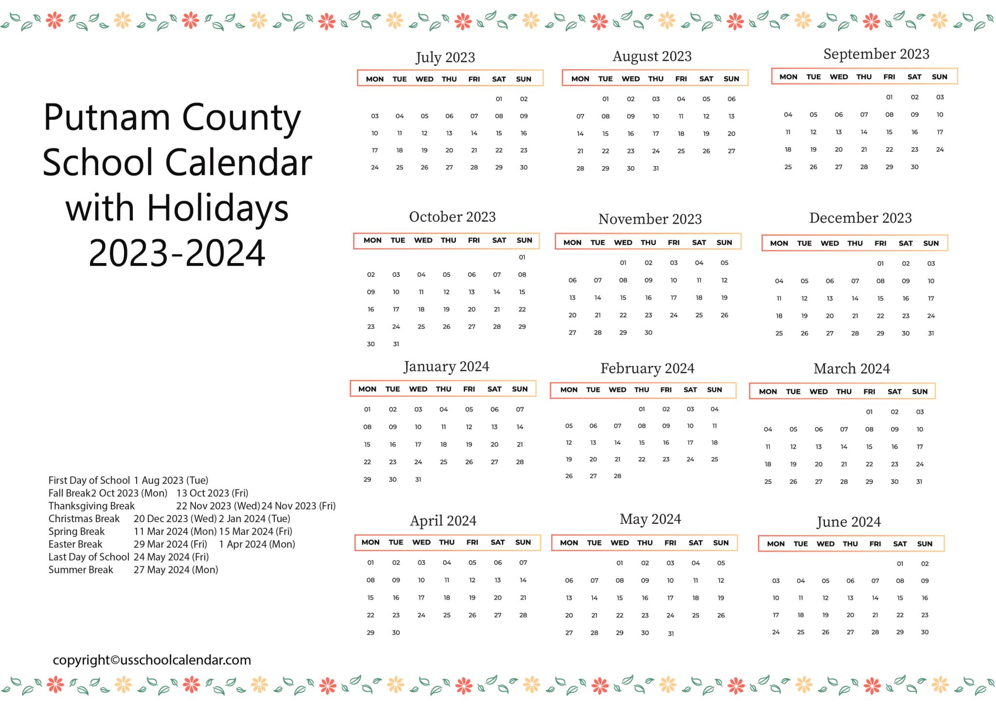 Putnam County School Calendar with Holidays 20232024