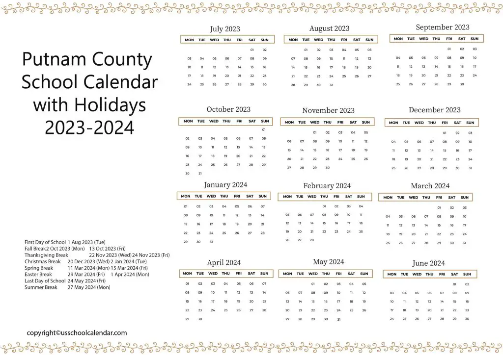 Putnam County School Holiday Calendar
