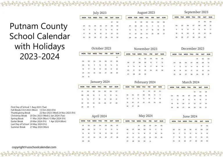 Putnam County School Calendar with Holidays 20232024