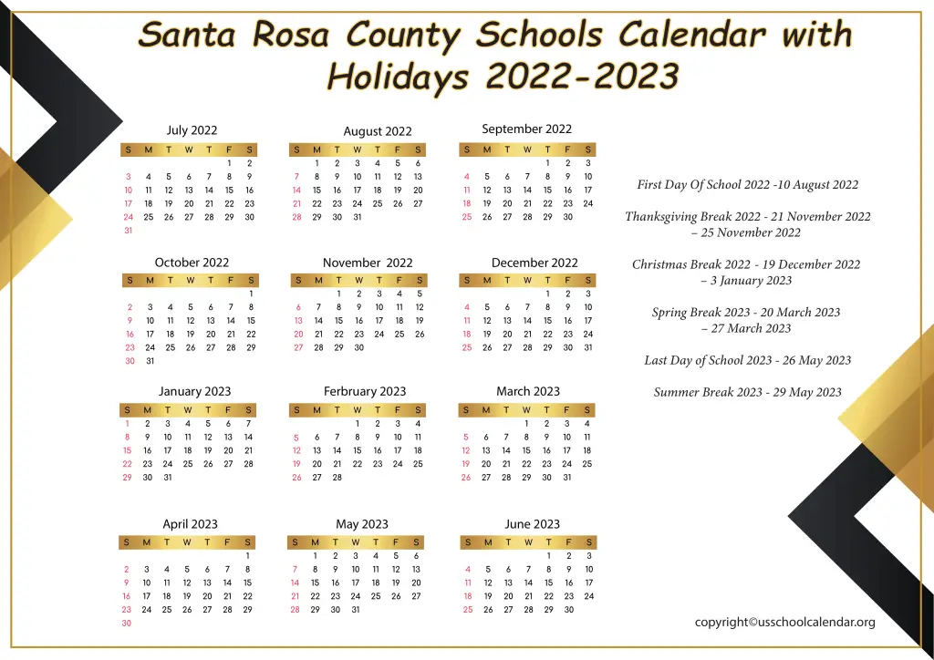 Santa Rosa County Schools Calendar with Holidays 2022-2023