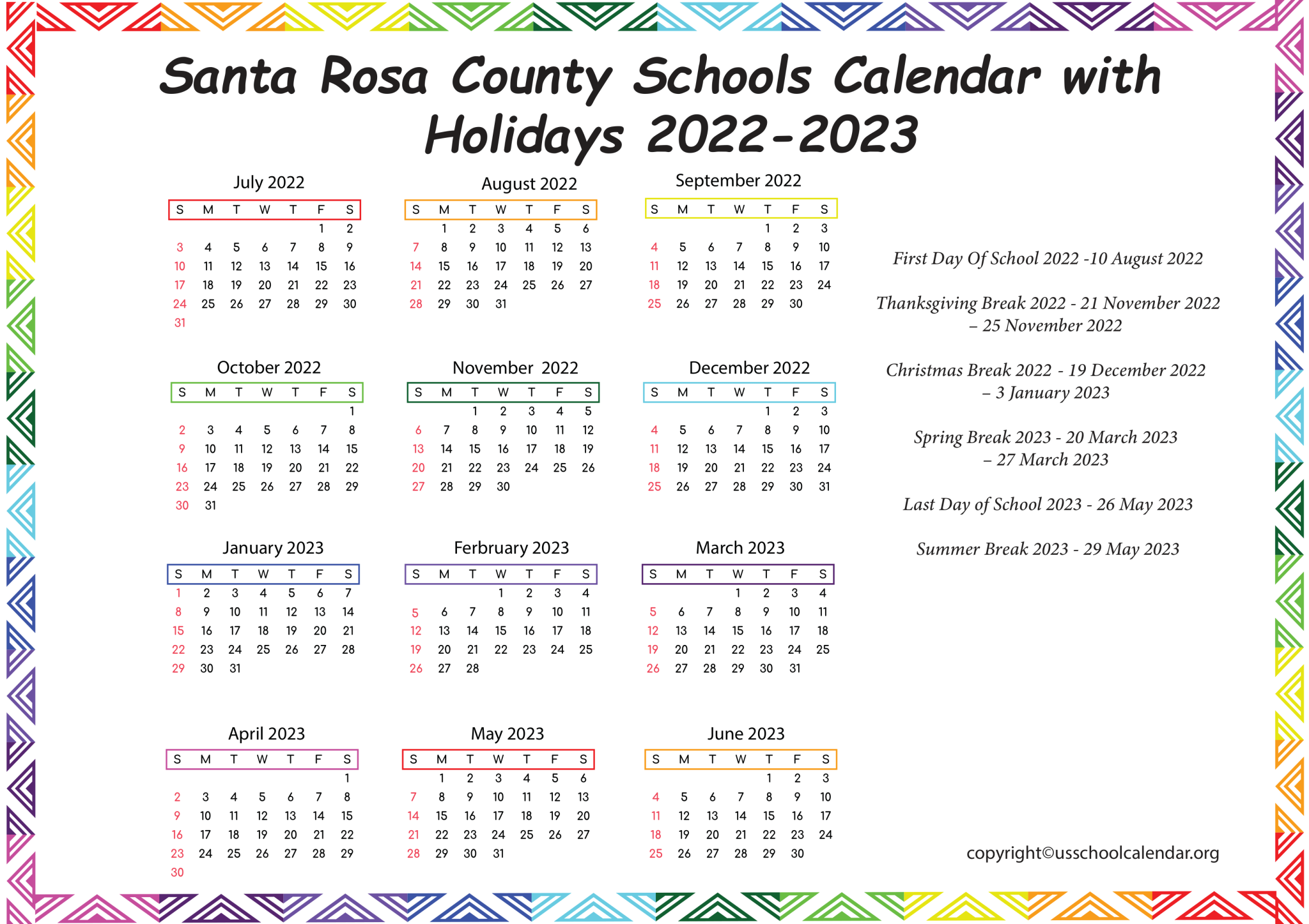 Santa Rosa County Schools Calendar with Holidays 2022 2023