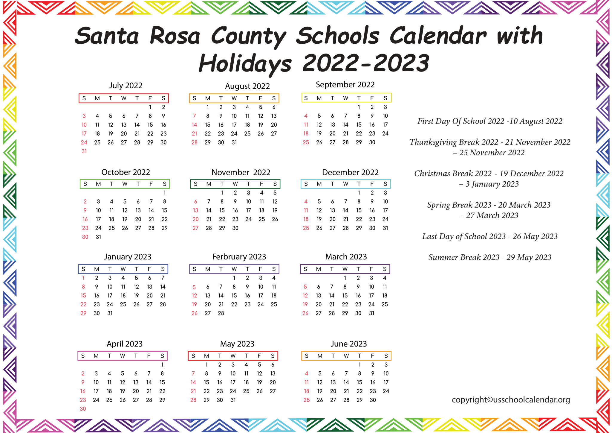 Santa Rosa County Schools Calendar With Holidays 2022 2023