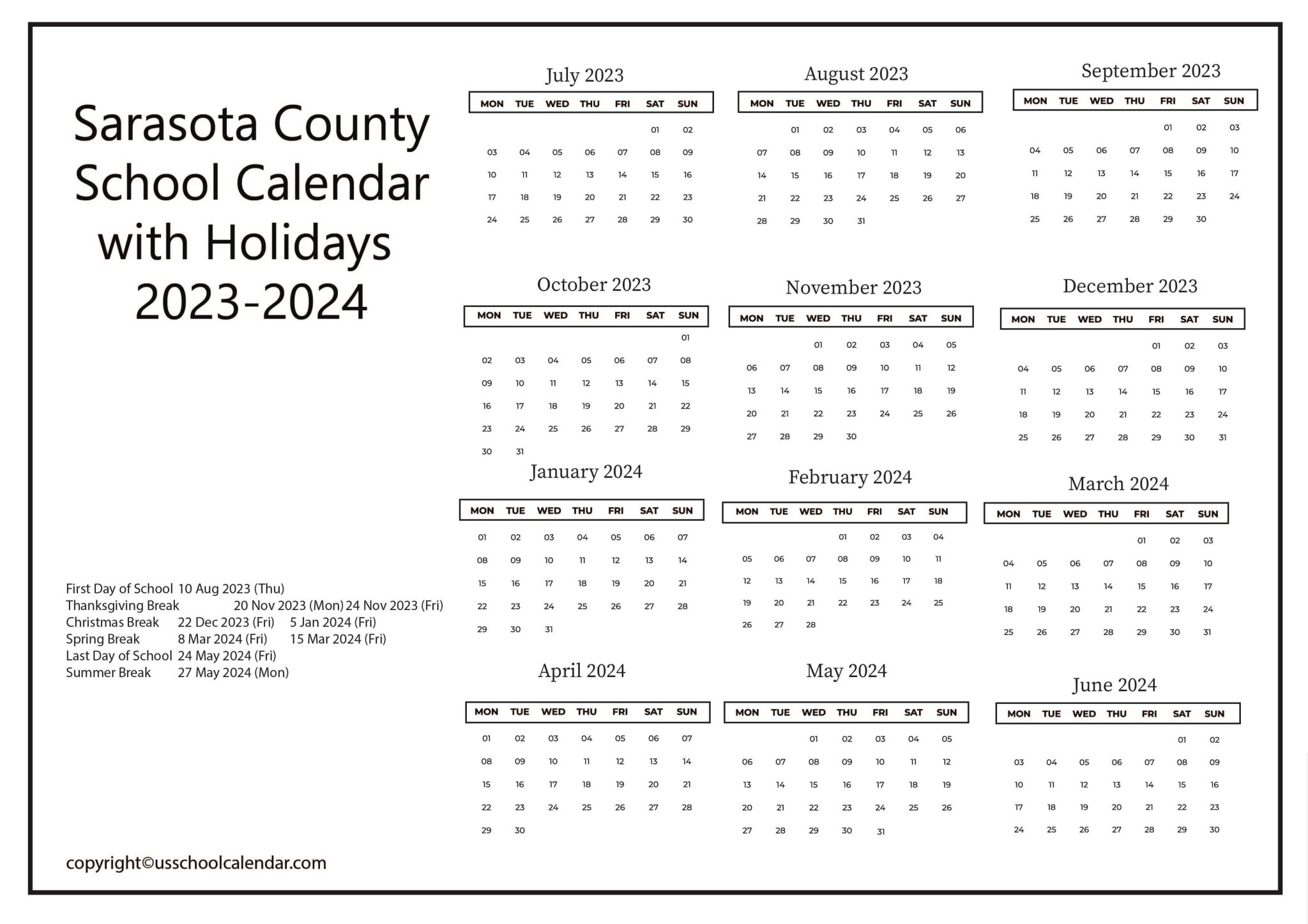 Sarasota County School Calendar with Holidays 20232024