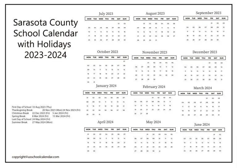 Sarasota County School Calendar with Holidays 20232024