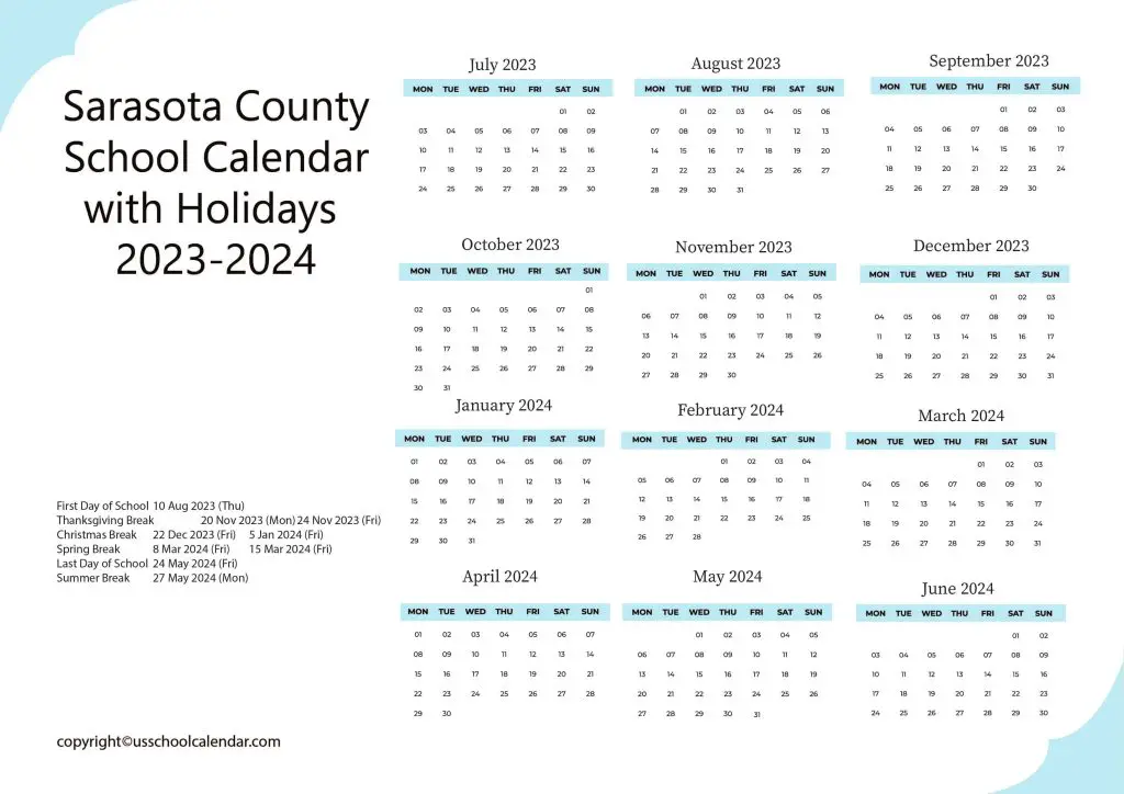Sarasota County School District Calendar