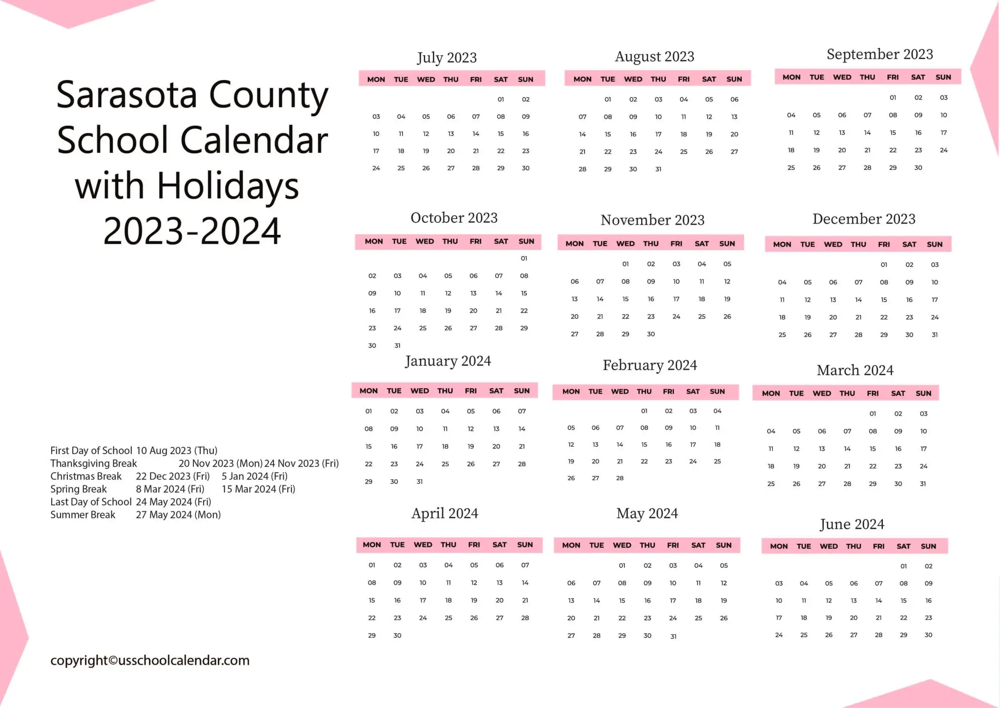 Sarasota County School Calendar with Holidays 2023 2024