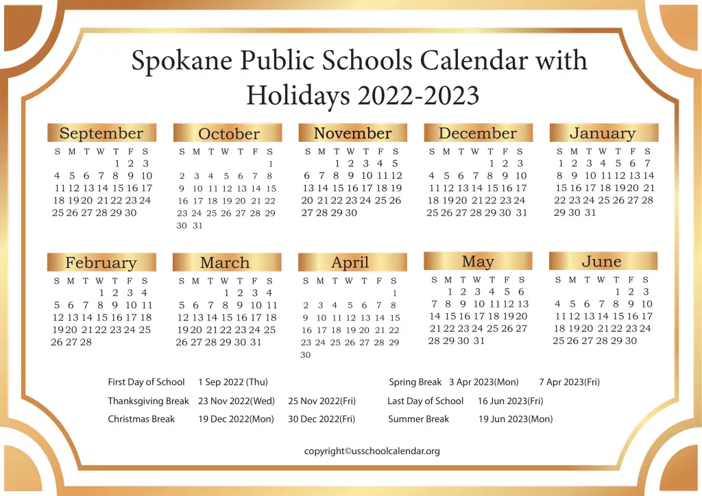 Spokane Public Schools Calendar with Holidays 2022-2023
