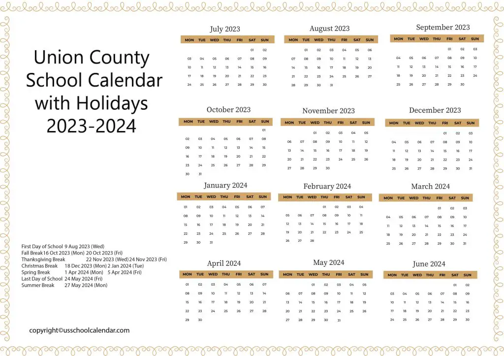 Union County School Calendar