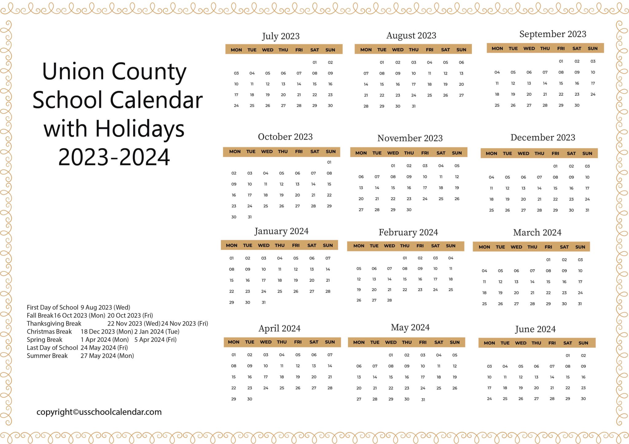 Union County School Calendar with Holidays 2023 2024