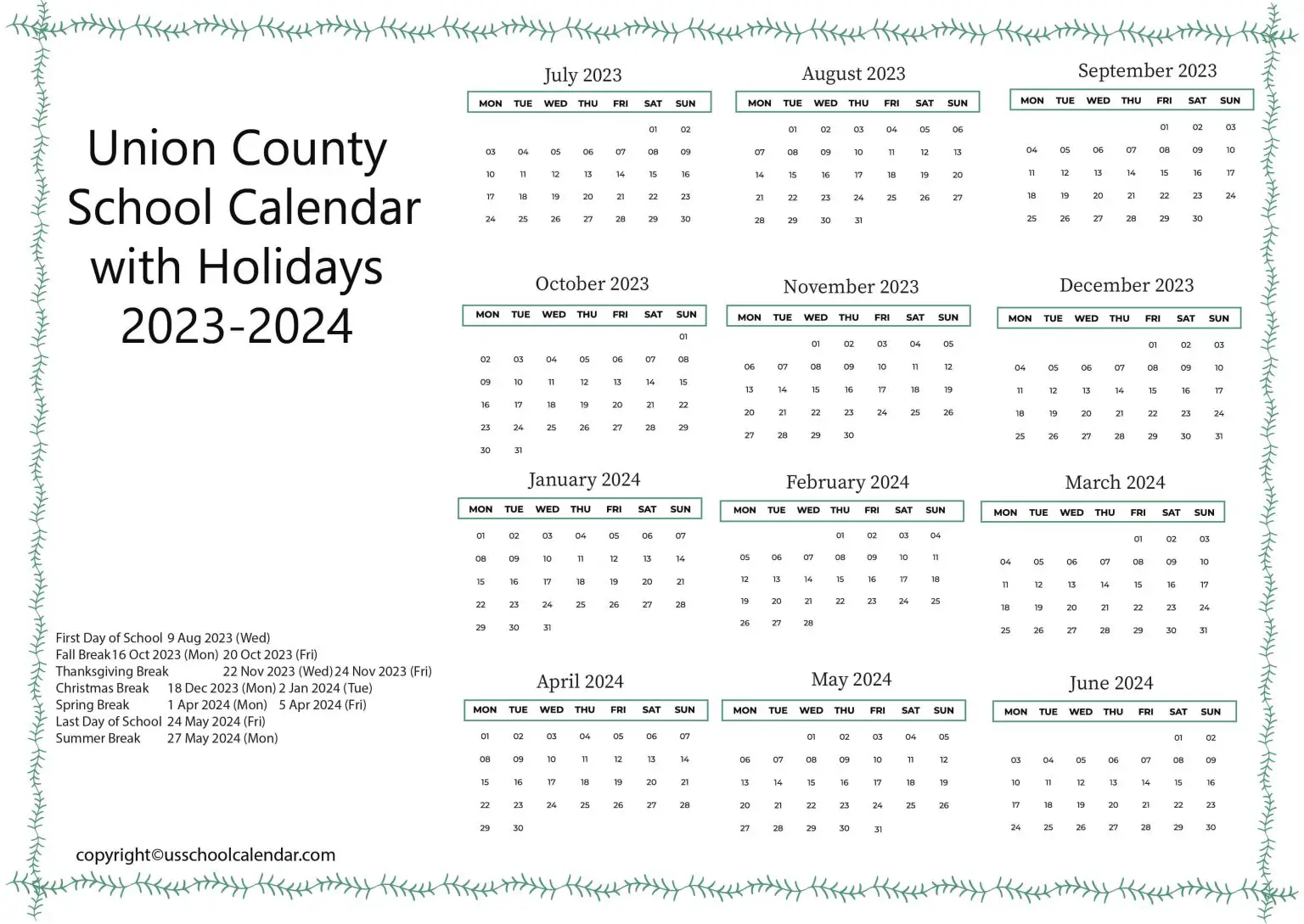 Union County School Calendar with Holidays 20232024
