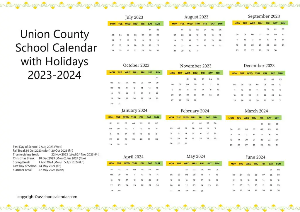 Union County School Holiday Calendar