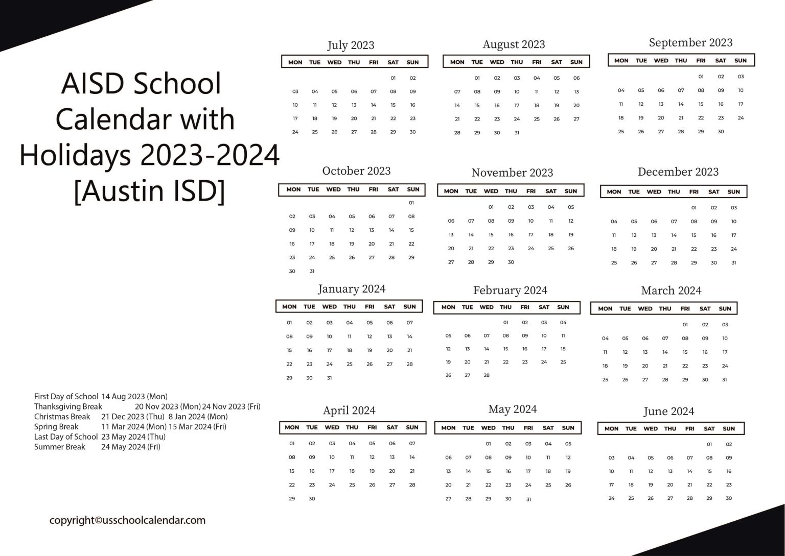 AISD School Calendar with Holidays 20232024 [Austin ISD]