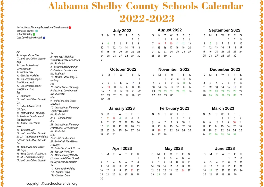 Alabama Shelby County Schools Calendar 2022-2023 2