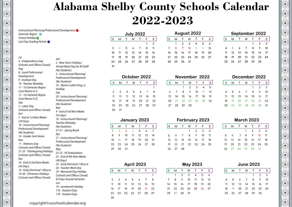 Alabama Shelby County Schools Calendar 2023 US School Calendar