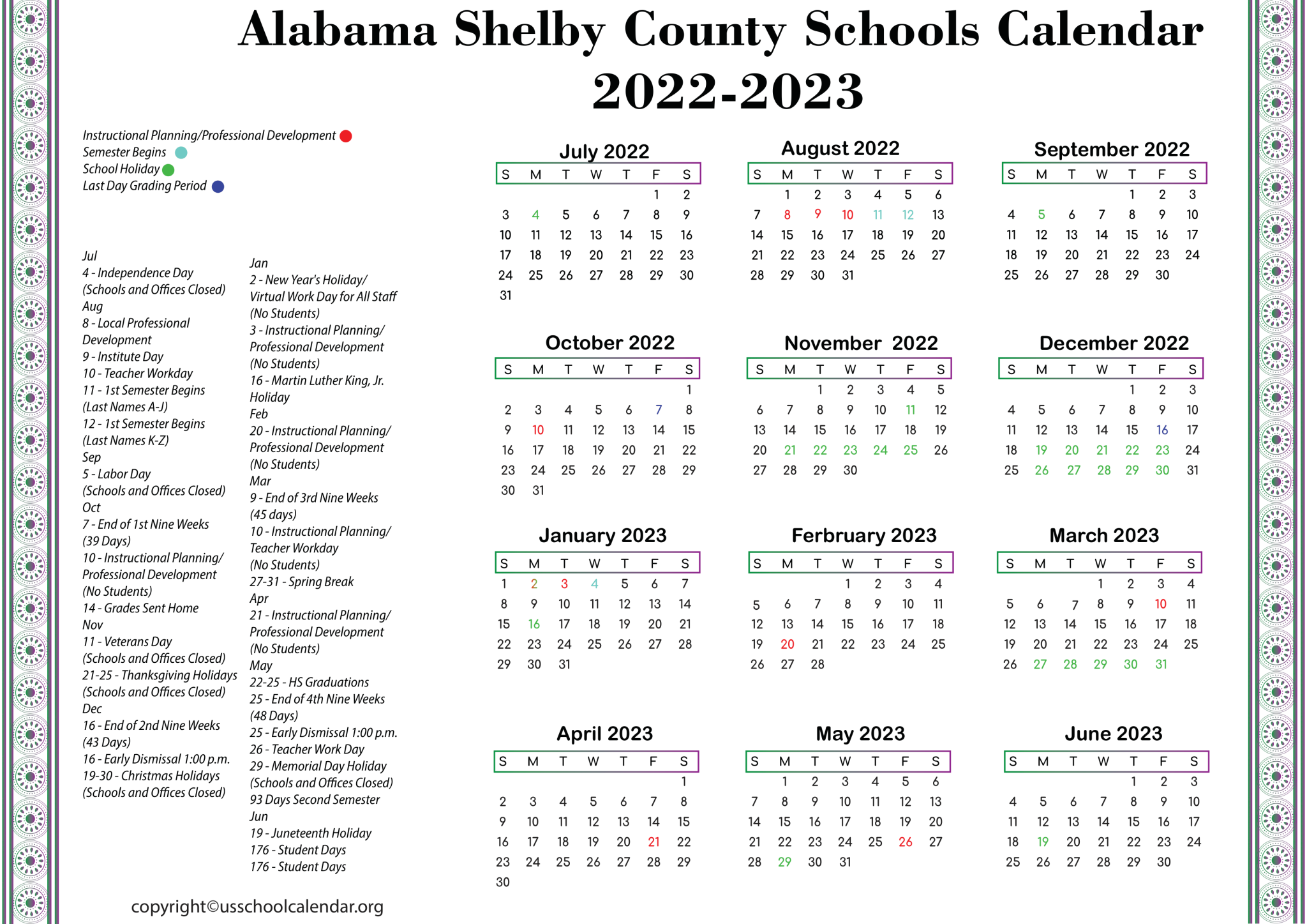 Alabama Shelby County Schools Calendar 20222023