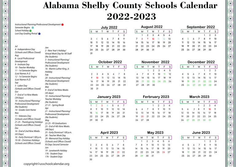 Alabama Shelby County Schools Calendar 2022-2023