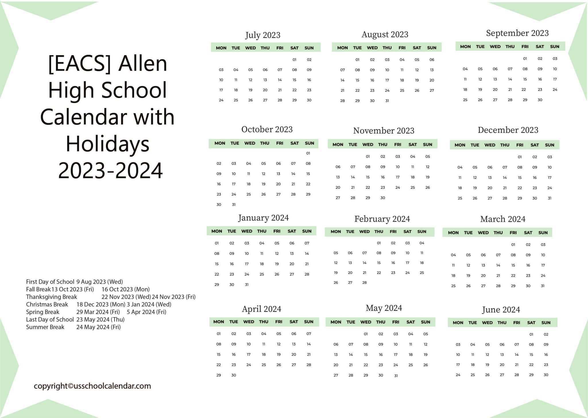 [EACS] Allen High School Calendar with Holidays 20232024