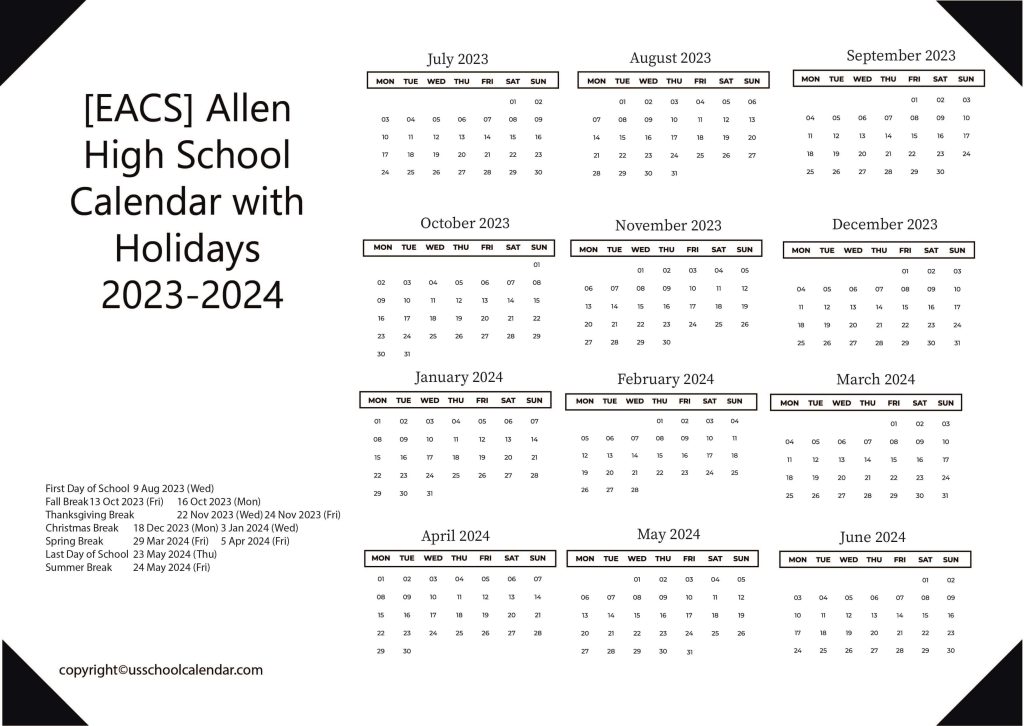 Allen High School Holiday Calendar
