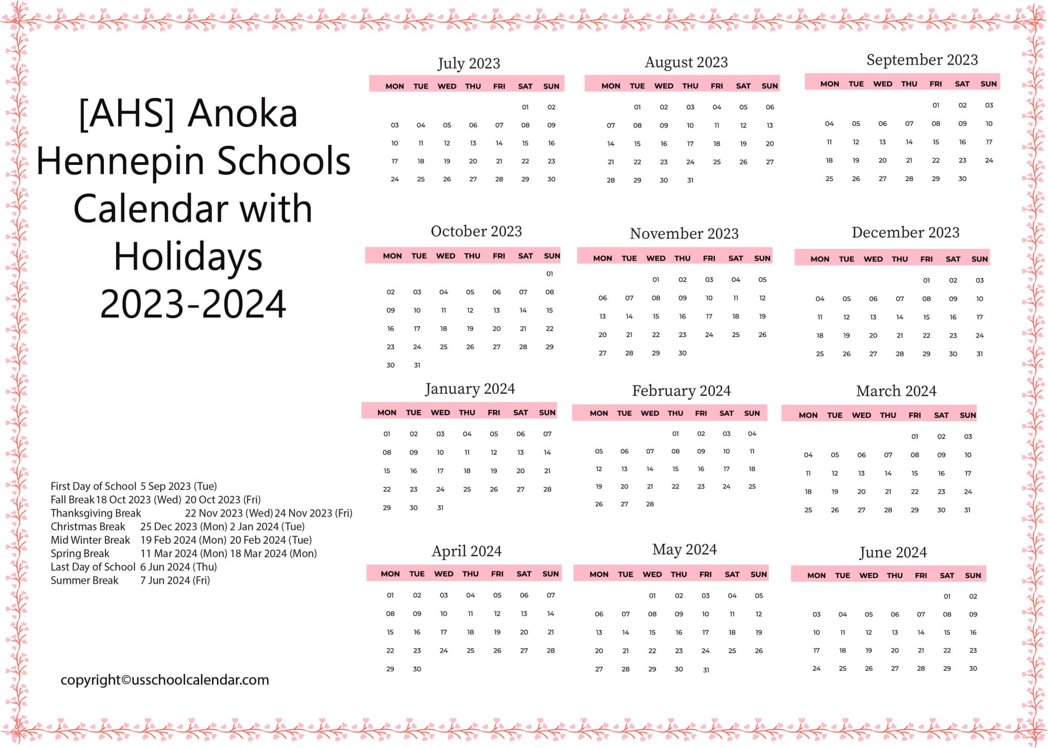 [AHS] Anoka Hennepin Schools Calendar with Holidays 20232024