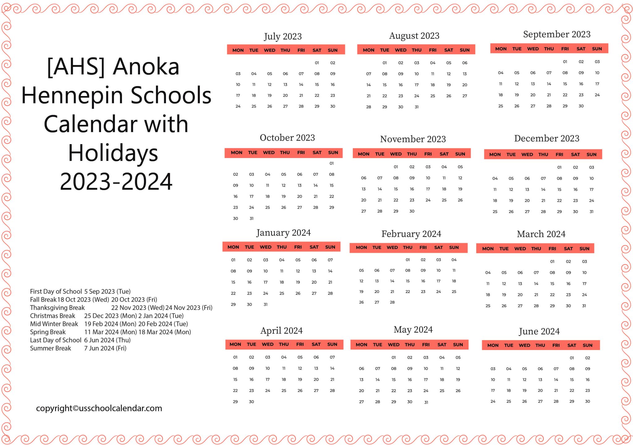 [AHS] Anoka Hennepin Schools Calendar with Holidays 2023-2024