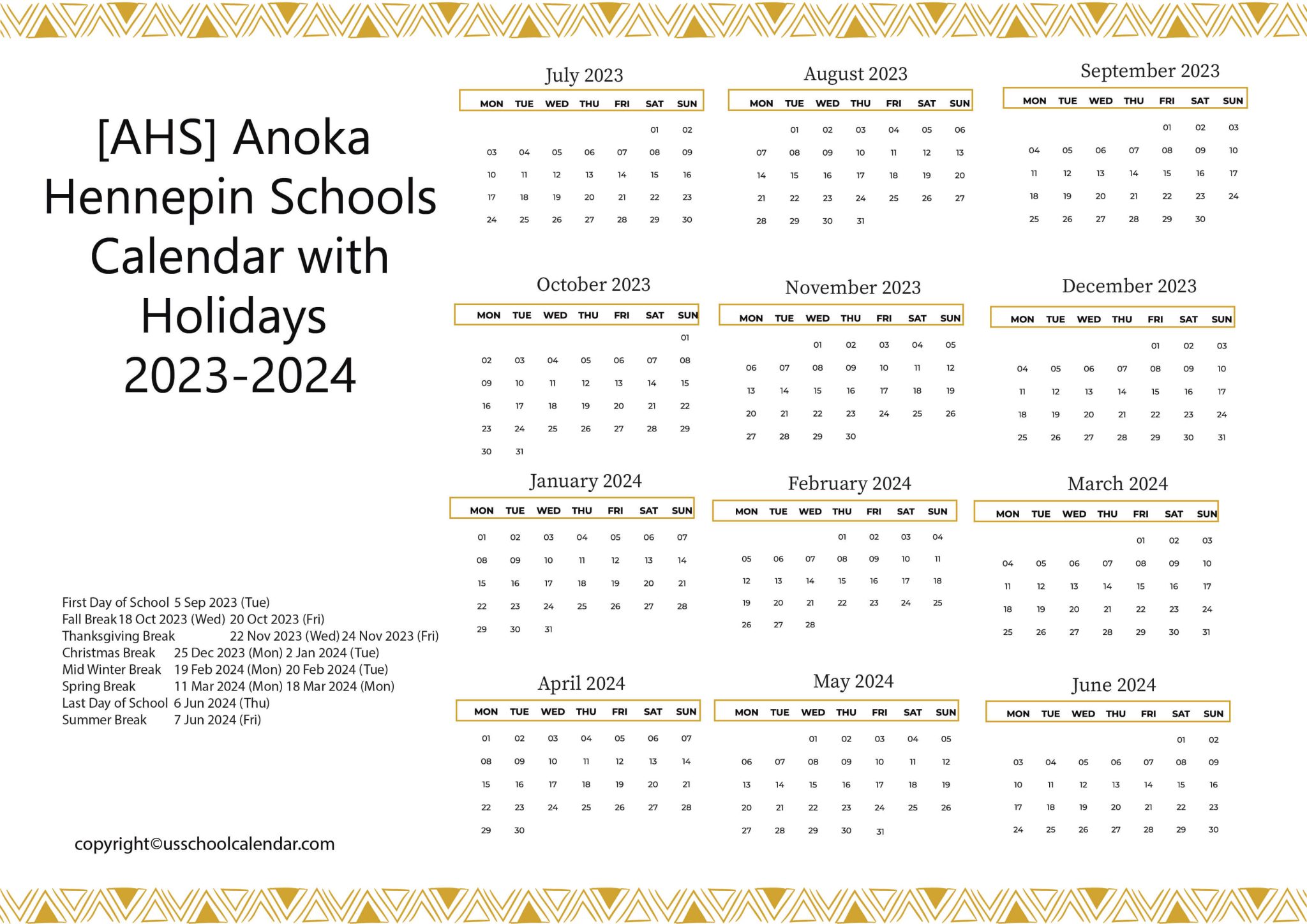 [AHS] Anoka Hennepin Schools Calendar with Holidays 20232024