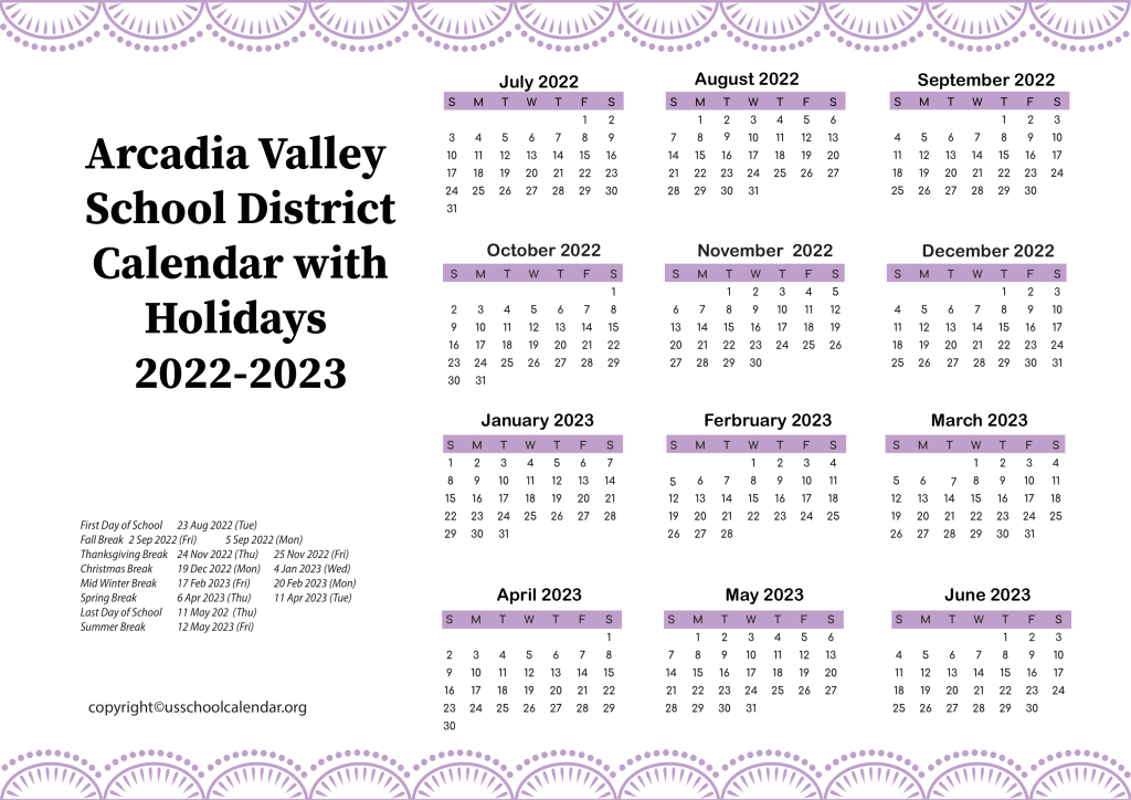 Arcadia Valley School District Calendar with Holidays 2022-2023