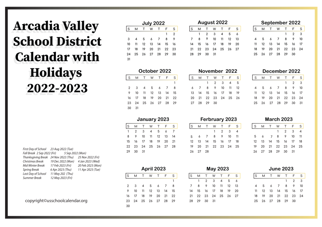 Arcadia Valley School District Calendar with Holidays 2022-2023 2