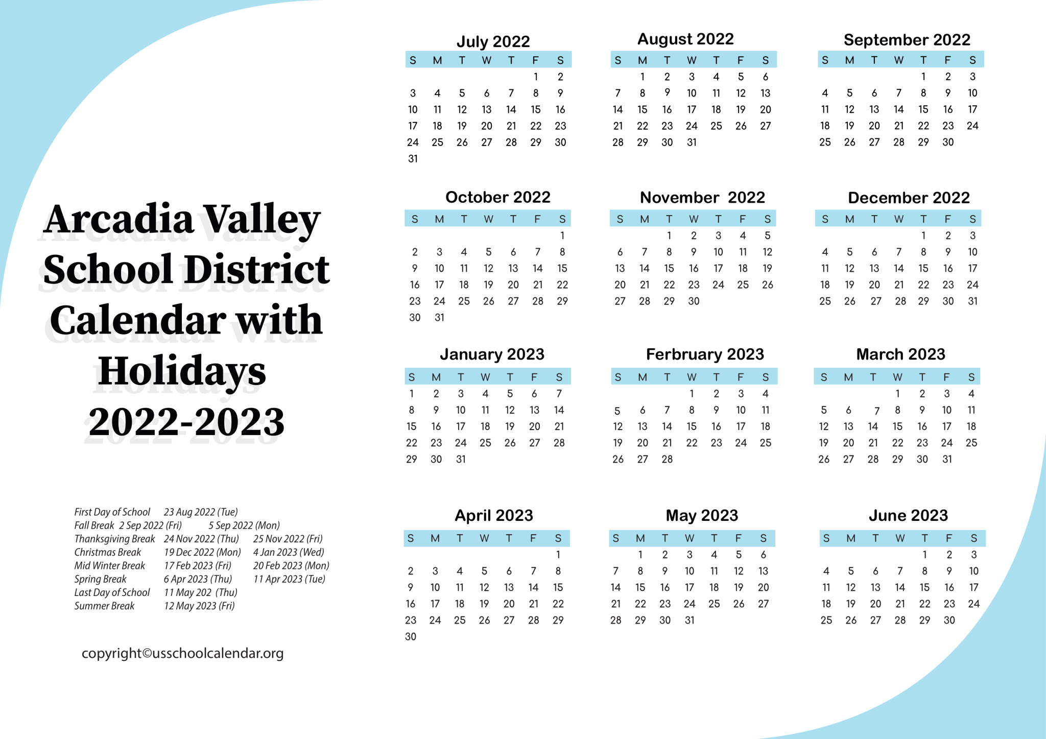 Arcadia Valley School District Calendar with Holidays 20222023