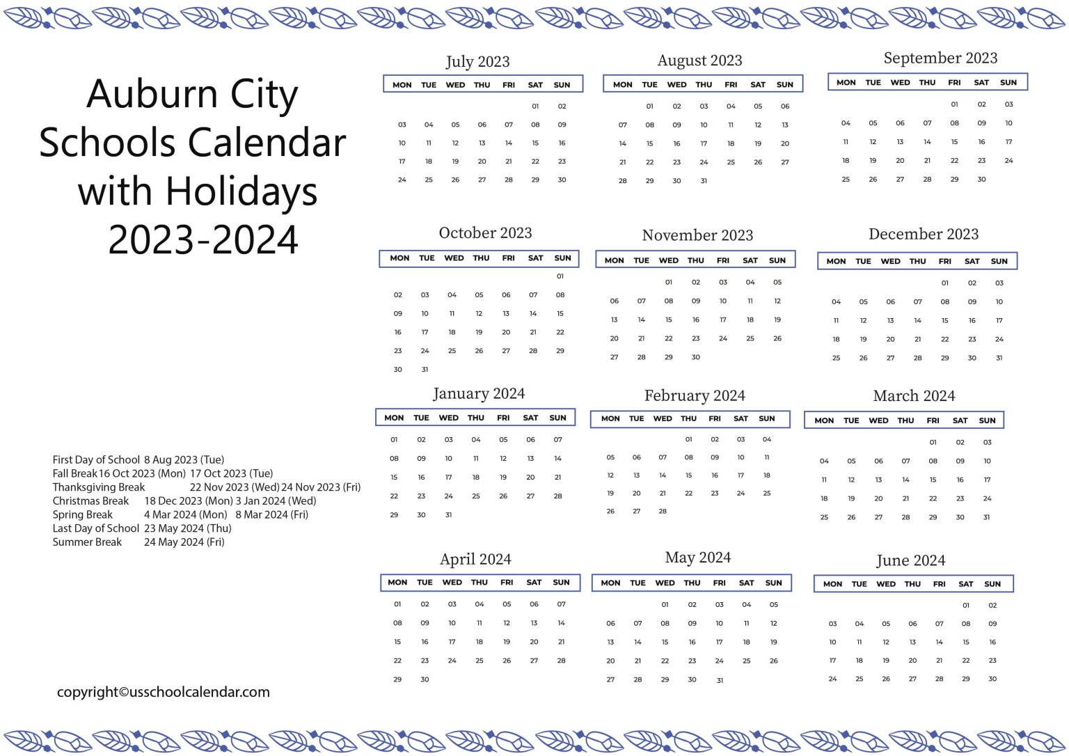 Auburn City Schools Calendar with Holidays 20232024