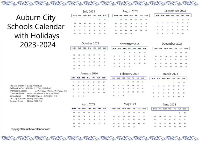 Auburn City Schools Calendar with Holidays 20232024