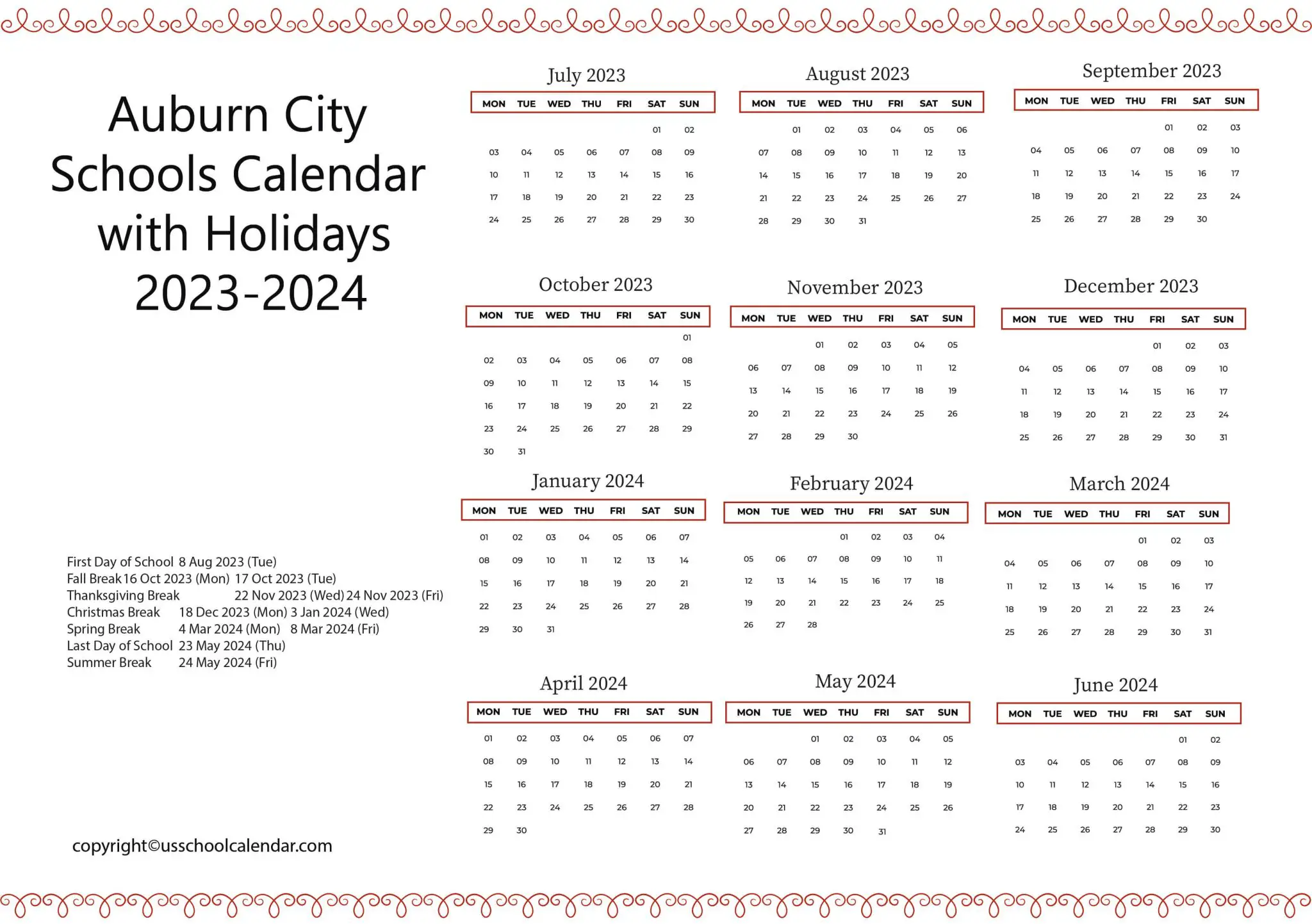 Auburn City Schools Calendar with Holidays 20232024