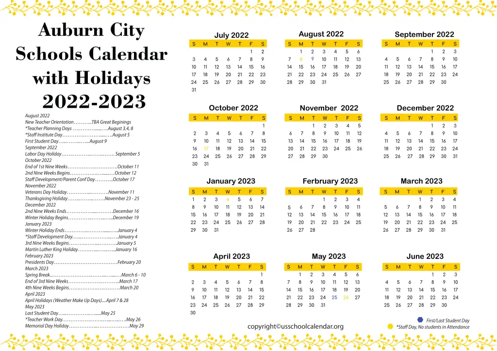 Auburn City Schools Calendar with Holidays 2022-2023 2
