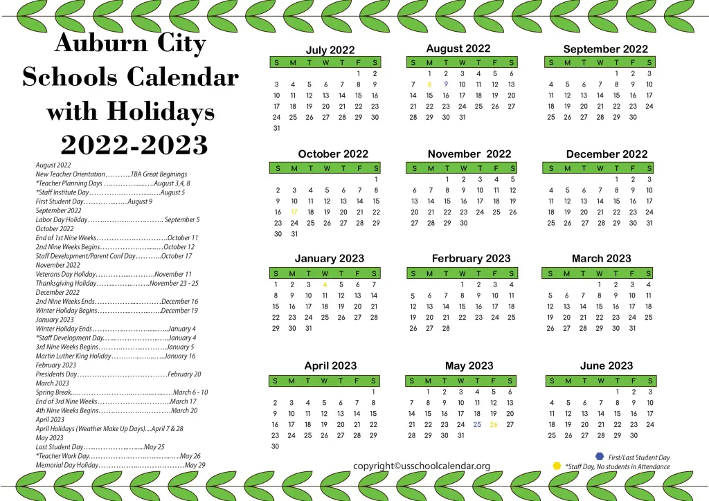 Auburn City Schools Calendar with Holidays 2022-2023 3