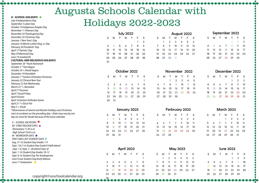 Augusta Schools Calendar with Holidays 2022-2023