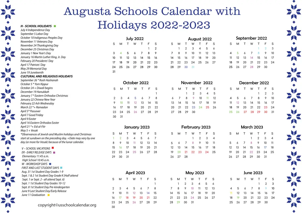 Augusta Schools Calendar with Holidays 2022-2023 2