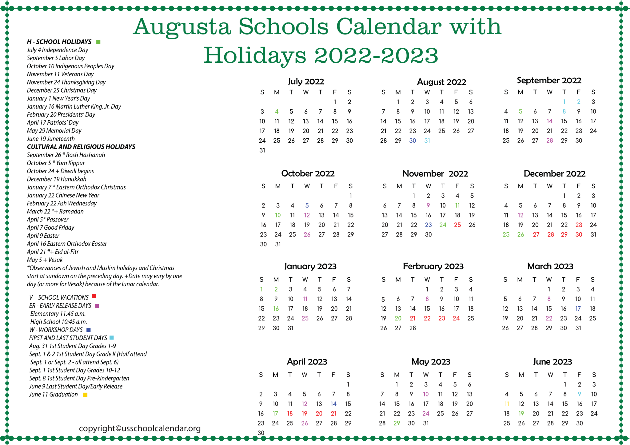 Augusta Schools Calendar with Holidays 20222023