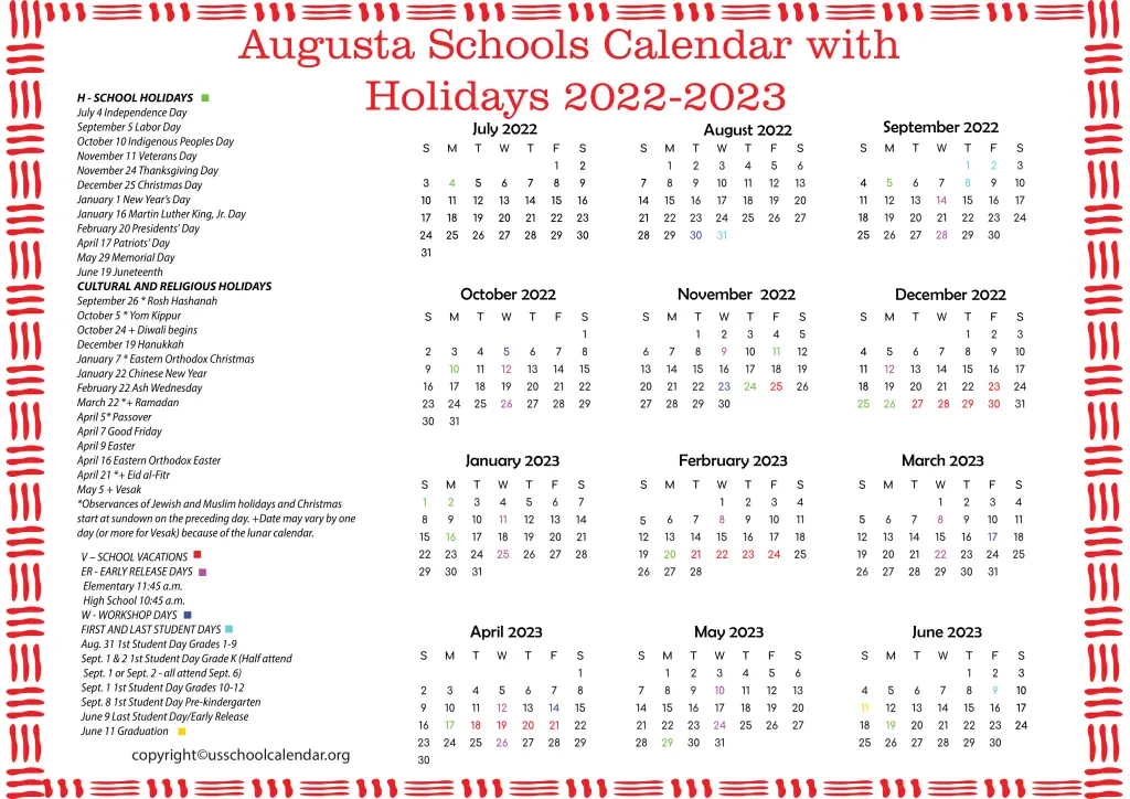 Augusta Schools Calendar with Holidays 2022-2023 3