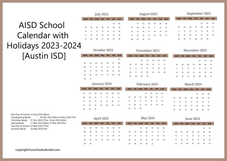 AISD School Calendar with Holidays 20232024 [Austin ISD]