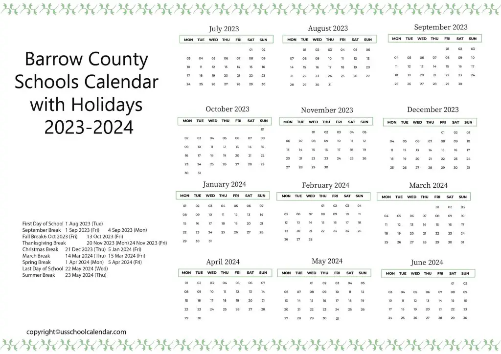 Barrow Schools Calendar