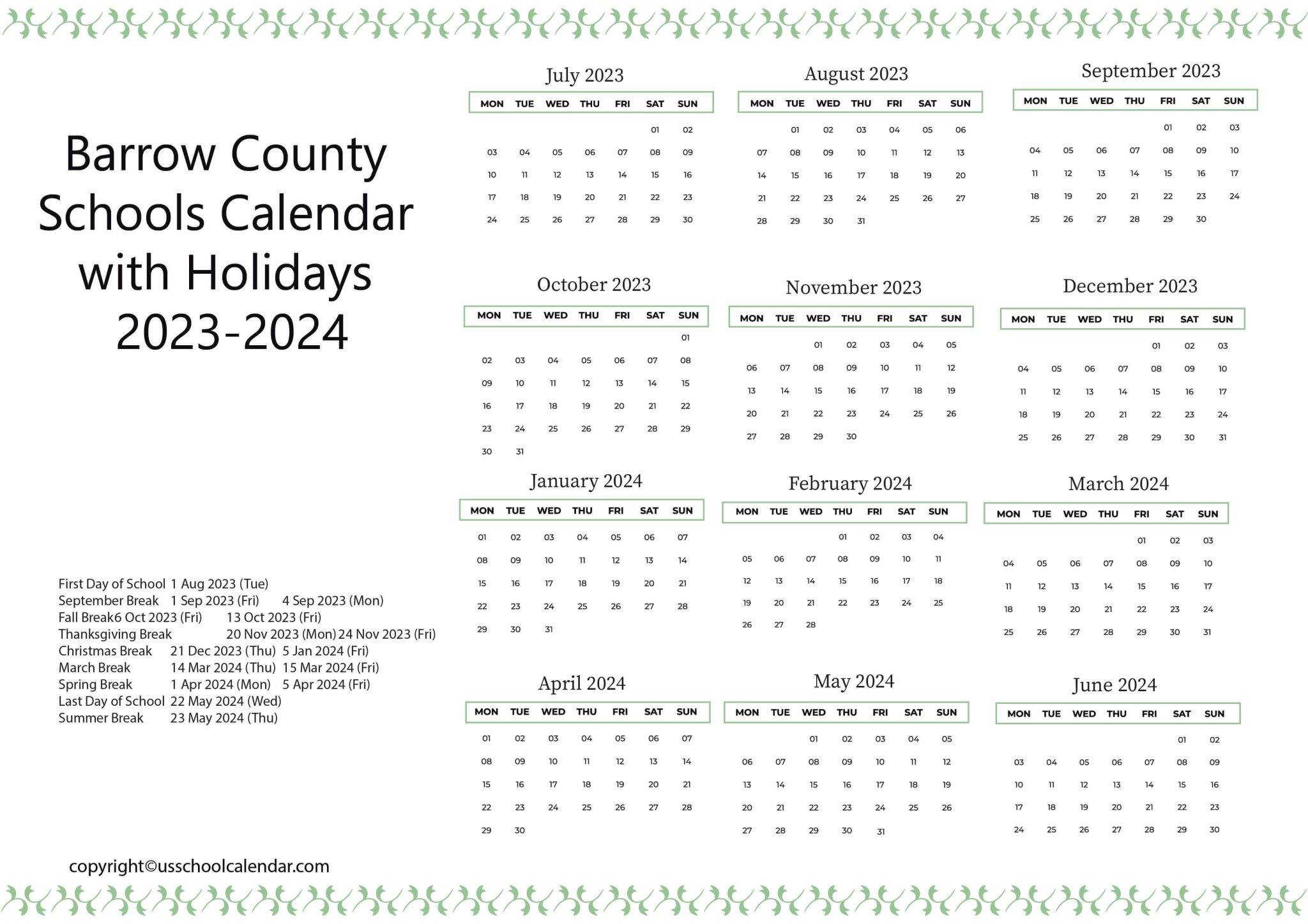 Barrow County Schools Calendar with Holidays 20232024