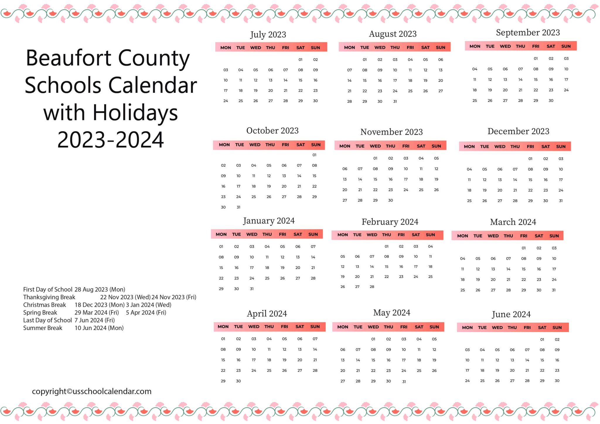 Beaufort County Schools Calendar with Holidays 2023 2024