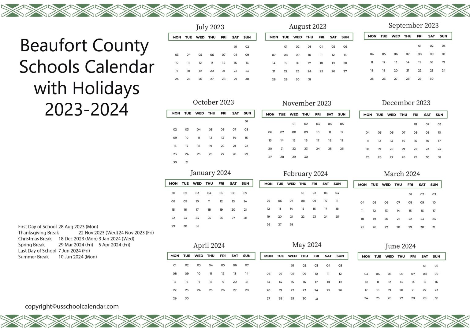 Beaufort County Schools Calendar with Holidays 20232024