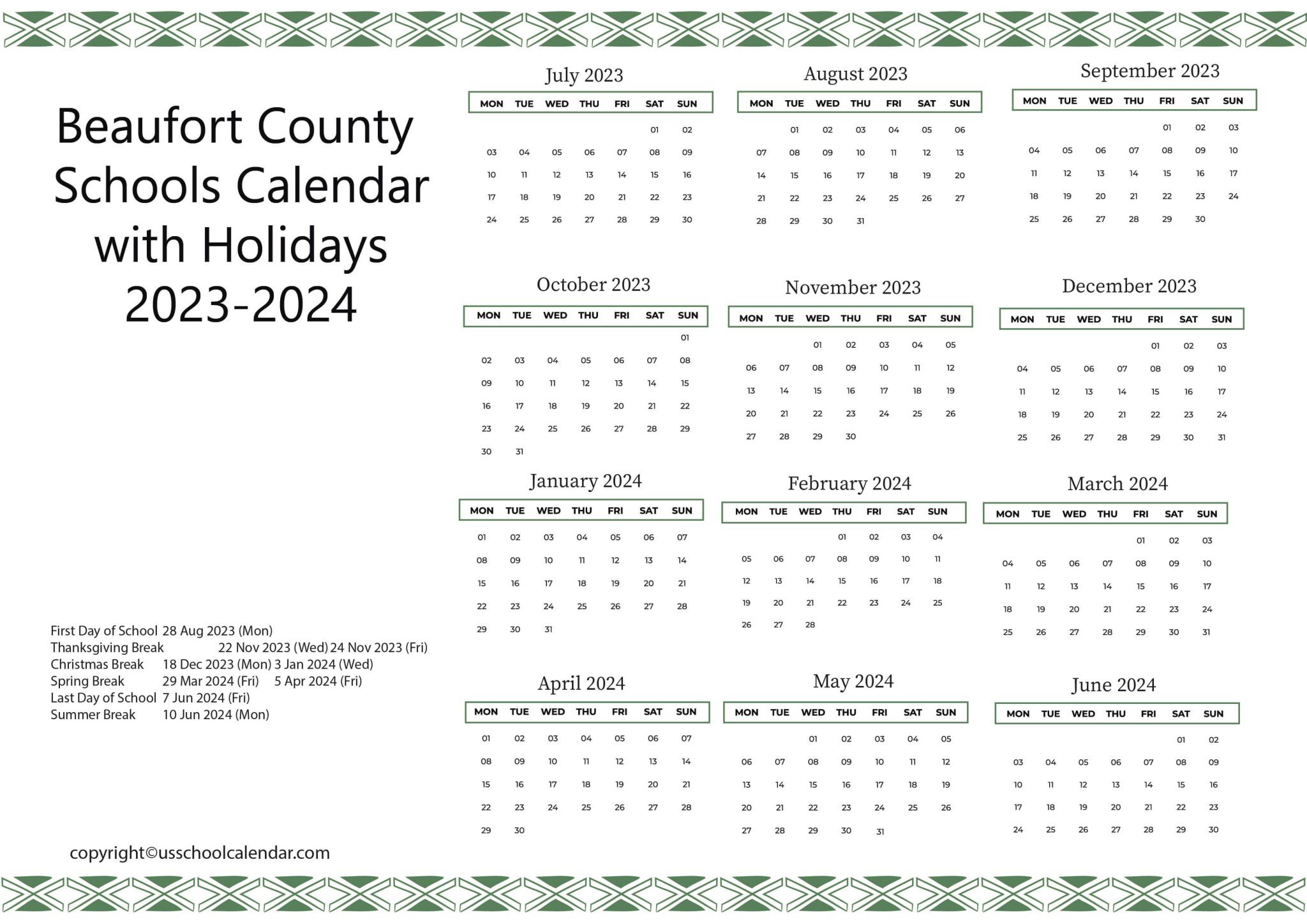 Beaufort County Schools Calendar with Holidays 2023 2024