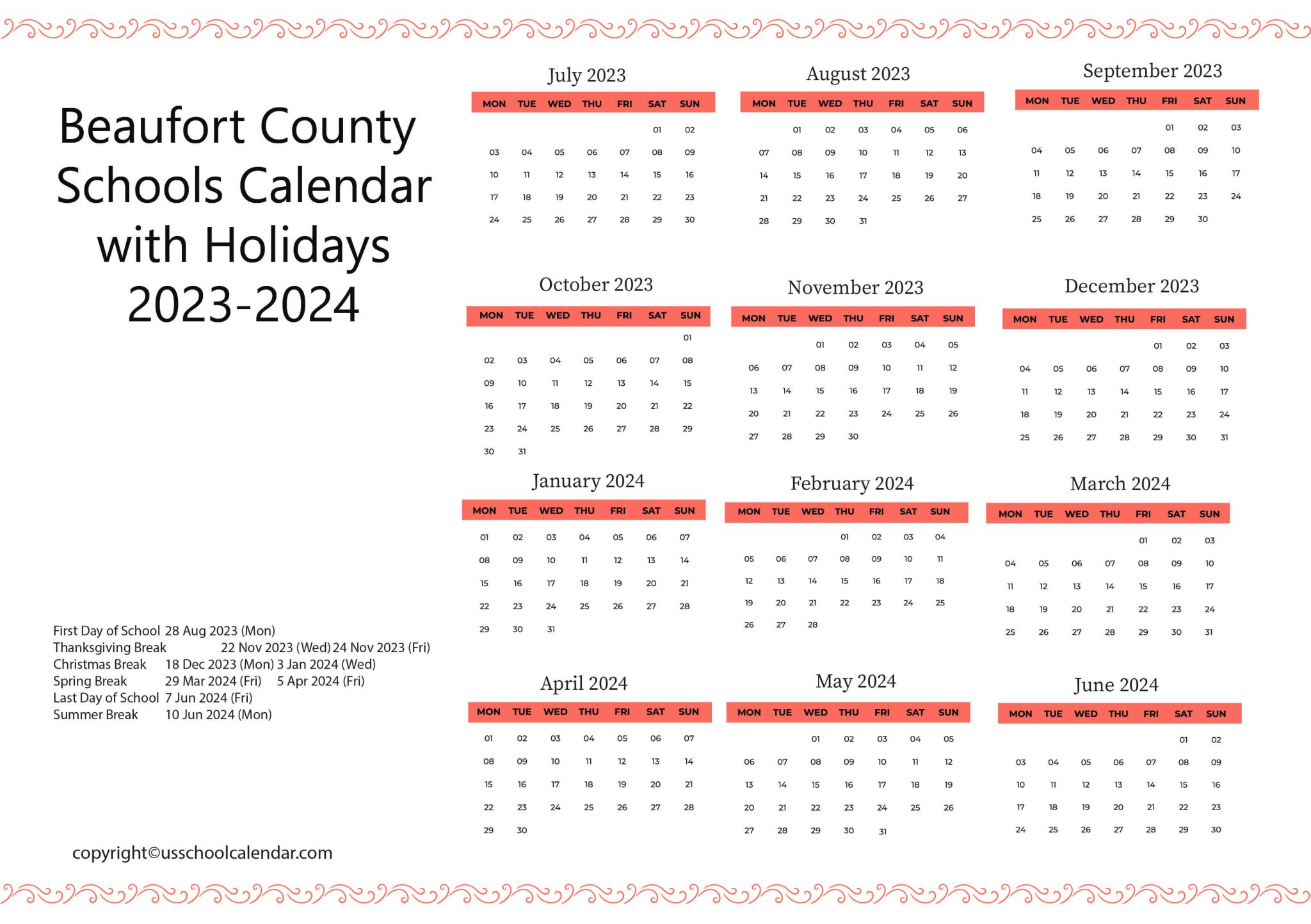 Beaufort County Schools Calendar with Holidays 20232024