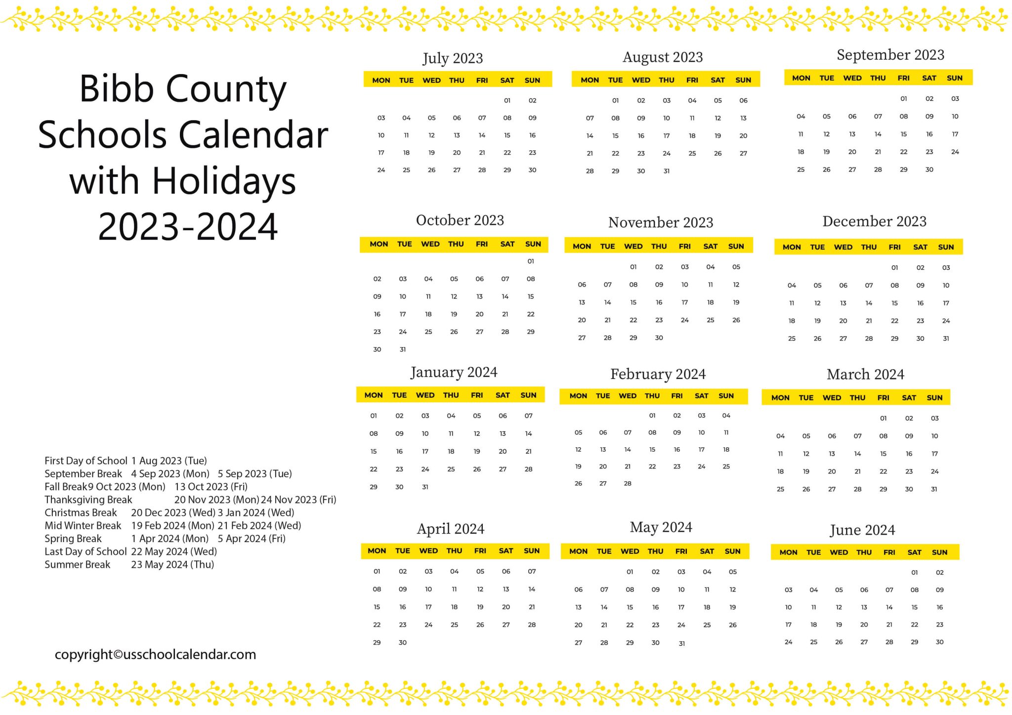 Bibb County Schools Calendar with Holidays 20232024